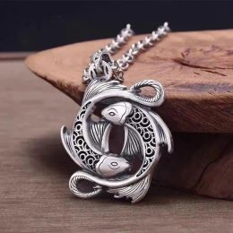 Pendants BOCAI New Trendy 100% S999 Silver Pisces Koi Good Luck Ethnic Retro A Pair Of Fish Play In The Water Man and Woman Pendant