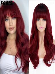 Synthetic Wigs FEELSI Long Wavy Hairstyle Ombre Wine Red Wig With Bangs For Women Cosplay Lolita High Temperature Fiber Kend226890931