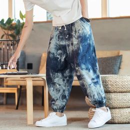 Pants Men Harem Pants Joggers Printed Drawstring DropCrotch Trousers Men 2023 Autumn Loose Streetwear Cotton Linen Casual Pants