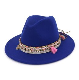 Fashion Unisex Wide Brim Wool Felt Fedora Hats with Ethnic Braided Ribbon Jazz Cap Retro Panama Style Formal Hat Trilby4183605