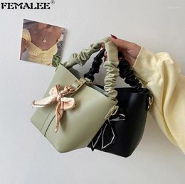 Shoulder Bags Ruched Handle Ladies Bucket Handbags Ribbon Bow 2024 Large Ins Tote Luxury Women Crossbody Purses Chic Design Sac