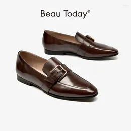 Casual Shoes Women Loafers Genuine Calfskin Leather Round Toe Buckle Decoration Classic Slip On For Handmade BeauToday 27272