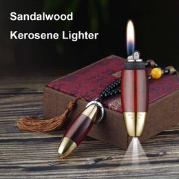 Dzi Design Sandalwood Kerosene Lighter Creative Mini Keychain Grinding Wheel Without Gasoline Flint Lighter With Flashlight Gift For Men