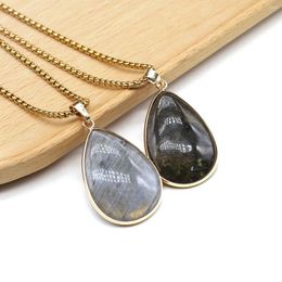 Pendant Necklaces Natural Semi Precious Stone Flash Labradorite Droplet Shape Stainless Steel Necklace Women Charm Men Jewellery