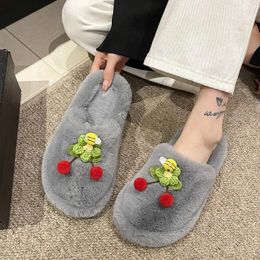 Slippers Winter Cute Plush Thickened Cotton Women Household Warm Soft Shoes Furry Cherry Fashion H