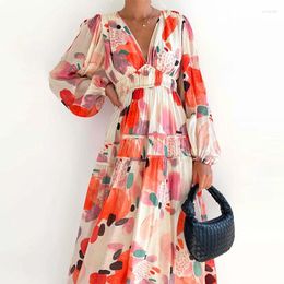 Casual Dresses 2024 Autumn Long Sleeved Pleated Party Dress High Waist Holiday Maxi Ladies V-neck Floral Print Bohemian