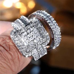 Wedding Rings Luxury Female Geometric Big Full White Zircon Engagement Ring Sets For Women Silver Color Couple Wedding Bands Mothers Day Gifts