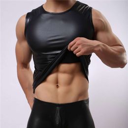 Men Tank Faux Leather Black Sleeveless Vest Sexy Men's Shaper Body Club Wear Gay Cool Man Tops Shirts