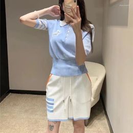 Women's Polos Thin Polo Shirt For Women Summer Striped Tee Blue/ White Color Short Sleeves Casual Knitwear Pulls Crop Top Y2k Shirts