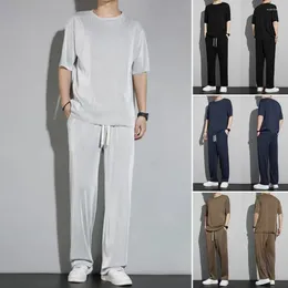 Men's Tracksuits Men Summer Casual Outfit Set O-neck Short Sleeve T-shirt Wide Leg Pants With Drawstring For Everyday