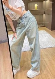 Women's Pants Korean Heavy Industry Nail Diamond Jeans For Women Wide Leg Straight High Waist Loose