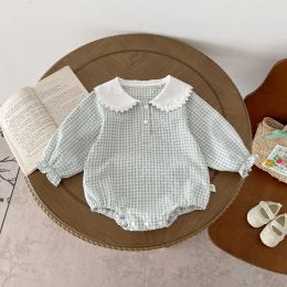 One-Pieces Ready Stock Newborn Jumpsuit Baby Girls Peter Pan Collar Drawstring Long Sleeves Elegant Cheque Romper 02yrs