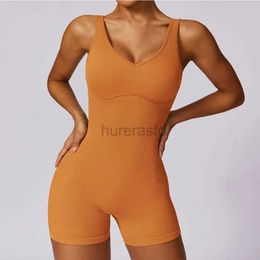 Active Sets Seamless Yoga Bodysuit Womens Jumpsuits Ribbed Yoga Set Gym Clothes Push-up Workout Tracksuit Dance Fitness Bodysuit Sportswear 240424