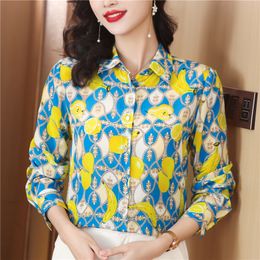 Designer Women Fashion Printed Silk Shirts Long Sleeve Elegant Lapel Metal Button Blouses Casual Office Plus Size Runway Ladies Tops Clothing Spring Summer Fall