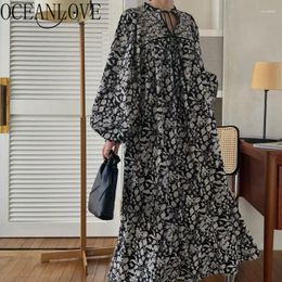 Casual Dresses OCEANLOVE Long Dress Print Floral Japan Style Loose Beach Elegant Women Puff Sleeve Vintage Vestidos Para Mujer