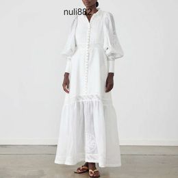 Fashion brand beige white linen lapel neck lantern long sleeve gather waist floral embroidery long dress