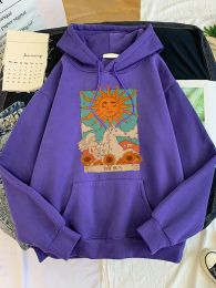 Sweatshirts Tarot Card Art The Sun Prints Female Hoodies Fashion Casual Sportshirt Oversize Loose Sweatshirts Warm Fleece Woman Clothing