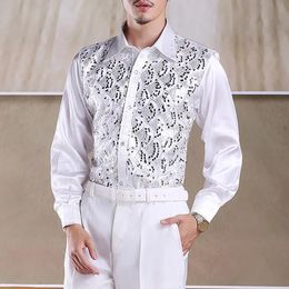 Men Long Sleeve Shirt Formal Tops Mens Luxury Sequins Performance for Wedding Stage Events 240415