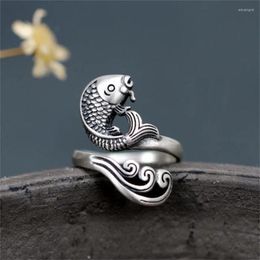 Cluster Rings Vintage Thai Luck Silver Carp Lotus Colour Female Resizable Opening Charm Jewellery