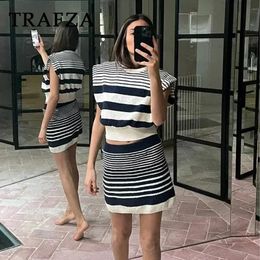 TRAFZA Spring Summer Casual Knitted Striped Women Suit Fashion Vintage O Neck Sleeveless Short TopsChic Pencil Skirt 240422