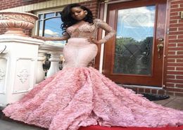 Gorgeous 2019 Pink Long Sleeve Prom Dresses Sexy See Through Long Sleeves Open Back Mermaid Evening Gowns South African Formal Par2406189