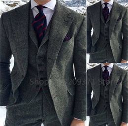 Grey Herringbone Winter Suit for Men Wool Tweed Slim Fit Formal Groom Wedding Tuxedo 3 Piece Sets Business Male Suits 240415