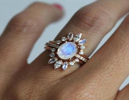 Cluster Rings 3pcssets Bohemian Geometric Clear Crystal Stone Moonstone Rose Gold Ring Elegan Fashion For Women Jewellery Accessori48535601