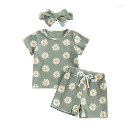 Clothing Sets Baby Girls Summer Waffle Outfits Floral Print Short Sleeve T-Shirt And Shorts Headband Set 3 Piece Clothes