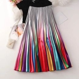 Skirts Simple And Generous Women's Gradient Rainbow Print Skirt Mid-length Style Pleated Long