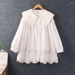 Women's Blouses Spring Solid Double-layer Collar Hollow Embroidered Shirt Women Long Sleeve Single Breasted HT50681