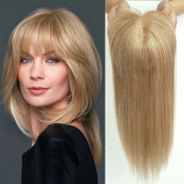 Toppers 100% Remy Human Hair Toppers with Bangs Honey Blonde Human Hair Piece Silk Base Clip in Topper Top Hairs for Women 10/12/14inch