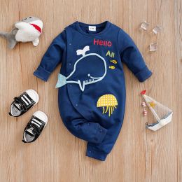 One-Pieces Spring and Autumn Boys' and Girls' Long Sleeve Cartoon Whale Foam Print Sweater Cloth Baby Clothing Bodysuit