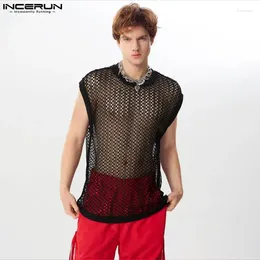 Men's Tank Tops INCERUN Men Solid Colour O-neck Sleeveless Loose Hollow Out Transparent Male Vests Streetwear 2024 Fashion Clothing
