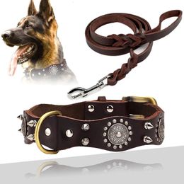 Genuine Leather Retro Dog Collar With leash Spiked Studded Neck Durable Rivet Alloy Buckle 240418