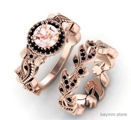 Wedding Rings 2 Pieces/set Exquisite Rose Gold Colour Black Zircon Ring Vintage Flower Vine Inlaid with Champagne Stones Wedding Ring Set