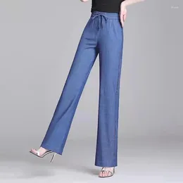 Women's Jeans High Waisted Denim Wide Leg Pants Women Black Blue Summer Thin Elastic Waist Straight Loose Casual Nine Points