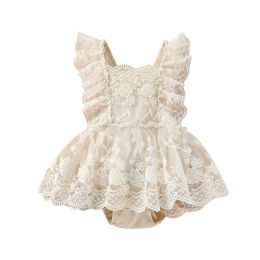 One-Pieces Infant Baby Girls Summer Romper, Plain Floral Lace Embroidery Skirt Layered Adjustable Straps Snap TriangleBottom Jumpsuit