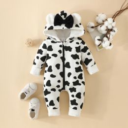 One-Pieces Baby Cow Cute Hooded Long Sleeve Long Leg Hoodie Onesie Boy And Girl Zipper Warm Out Wear Kazakhstan Coat Bow Baby Romper