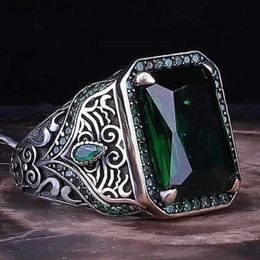 Band Rings Retro Handmade Carving Punk for Men Trendy Silver Colour Metal Square Inlaid Green Zircon Jewellery H240424