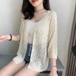 Women's Knits 2024 Summer Ice Silk Cardigan Coat Women Shawl Sunscreen Clothing Thin Hollow Knit Jacket Air-Conditioned Shirt Female