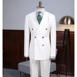 Suits High Quality Linen Men Suits Chic Peak Lapel Double Breasted Male Suit Slim Fit Smart Casual Groom Wedding Tuxedo Blazer Pants