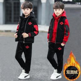 Clothing Sets 2024 Autumn Winter Boys Tracksuit Teenager Clothes Velvet Zipper Vest Jacket Hooded Pant Children Set Kids 8 9 10 11 12 Year