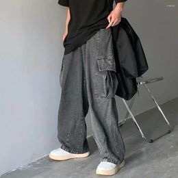 Men's Jeans Denim Fabric Men Trousers Retro Loose Fit Cargo For With Multi Pockets Wide Leg Pants Streetwear Style Summer