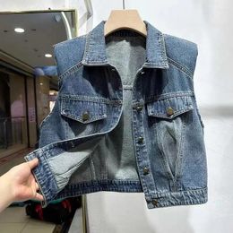 Women's Vests 2024 Autumn Short Vest Korean Version Loose Slim Sweetheart Collar Design Feel Denim Sleeveless Tank Top Female Outwear