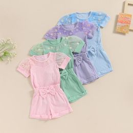 Clothing Sets Toddler Baby Girl 2pcs Ribbed Set Summer Casual Kids Daisy Embroidery Mesh Short Sleeve Tops And Bow Shorts Suit