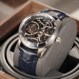 Wristwatches OBLVLO Mens Tourbillon Blue Genuine Leather Mechanical Watch Luminous Waterproof Sapphire Skeleton Relojes Hombre IM-SK-TB