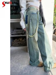 Women's Jeans Personality Street Vintage Women Buckle Lanyard Pocket Wide Leg Pants 2024 Spring Summer Loose Oversize Baggy Trousers