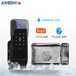 Control Waterproof Outdoor Fingerprint Smart Door Lock Bluetooth Remote Digital IC Card TTLock AppTuya Wifi Electronic Rim Lock For Home