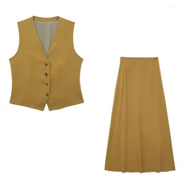 Work Dresses 2024 Summer V-neck Sleeveless Linen Blended Vest Top Temperament High Waist Skirt Fashion Suit