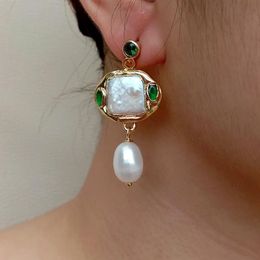 YYGEM Freshwater Cultured White Square Pearl Rice Pearl Green Crystal Dangle Stud Earrings 240414
